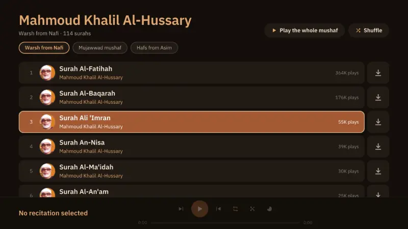 A whole mushaf by Sheikh Al-Hussary, in several narrations